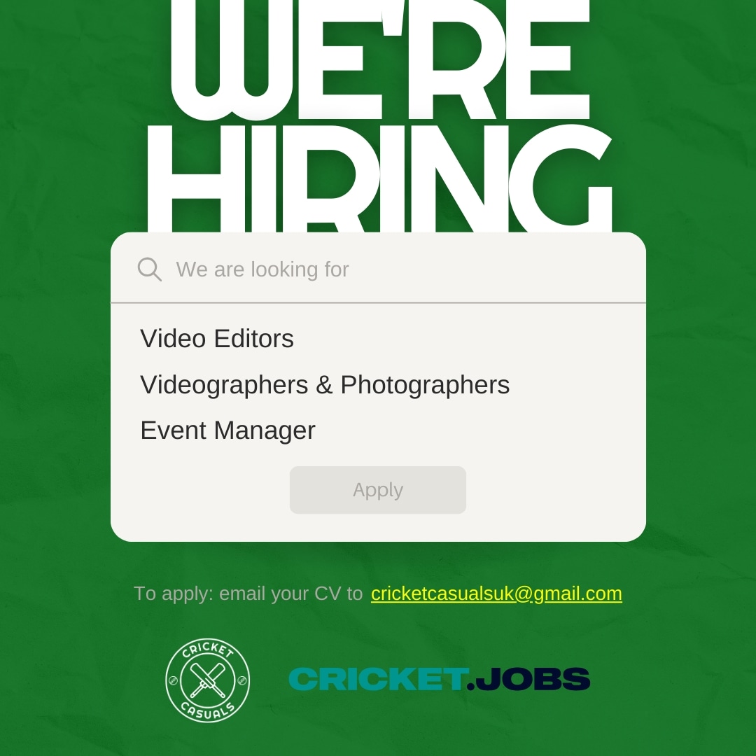 🏏 Want to work with us?

💪 We've posted some roles over on @cricketjobs

We're looking for:
🔹Video Editors
🔹Videographers
🔹Photographers
🔹Event Manager

🏆 Be part of the Content Creators Cup in May 2024 and other Cricket Casuals events...