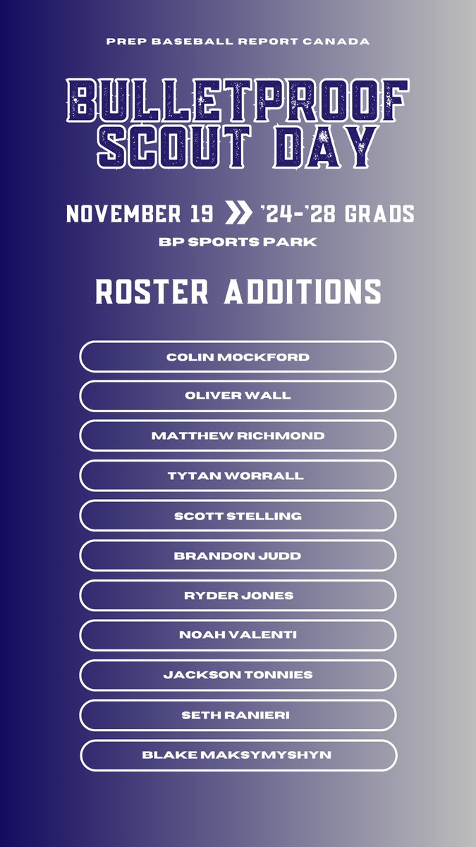 PrepBaseballON's tweet photo. 🇨🇦𝓑𝓾𝓵𝓵𝓮𝓽𝓹𝓻𝓸𝓸𝓯 𝓢𝓬𝓸𝓾𝓽 𝓓𝓪𝔂🇨🇦

📆 November 19
📍 BP Sports Park

Welcome to the following players‼️

🔗 https://t.co/tg4D4BIiYZ https://t.co/uQHvwmN8L0