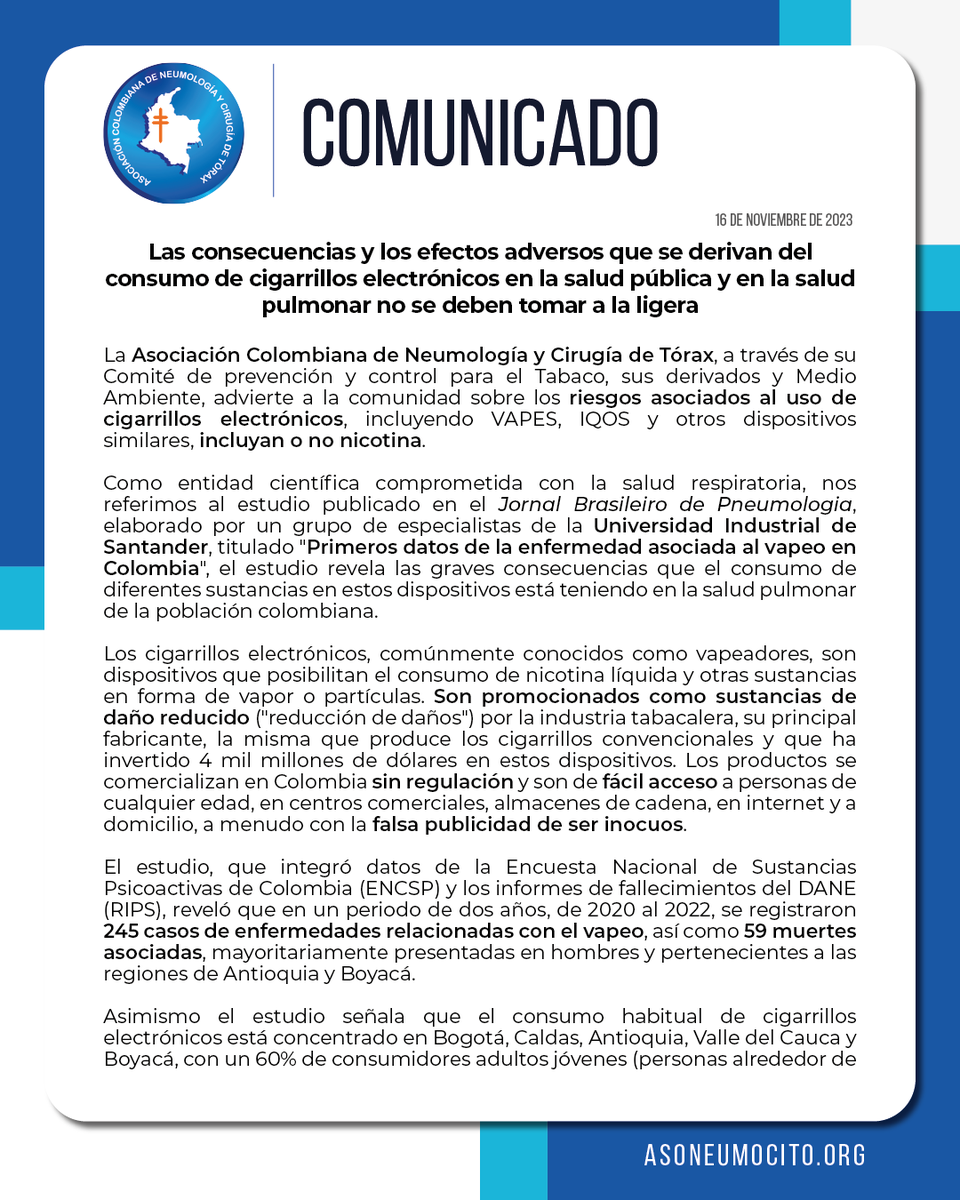 asoneumocito142's tweet photo. Comunicado de la Asociación Colombiana de Neumología y Cirugía de Tórax: "Las consecuencias y los efectos adversos que se derivan del consumo de cigarrillos electrónicos en la salud pública y en la salud pulmonar no se deben tomar a la ligera". #vapeo #NoFumarNoVapear https://t.co/3xXifyuMWP