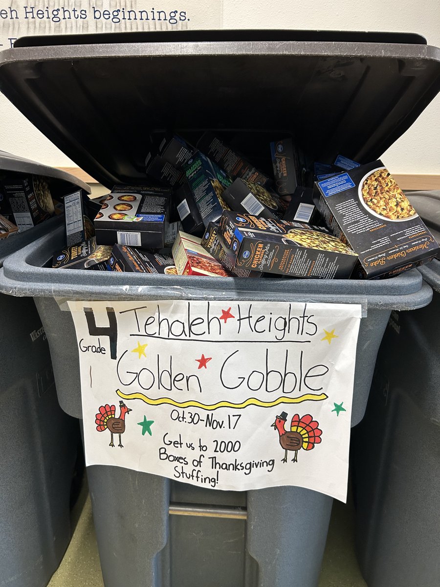 tehalehheights1's tweet image. The Golden Gobble food drive is coming to an end tomorrow. Drop off your stuffing at Tehaleh Heights Elementary. We have just over 1000 boxes. Our goal is 2000! #SBLSD, #themarket