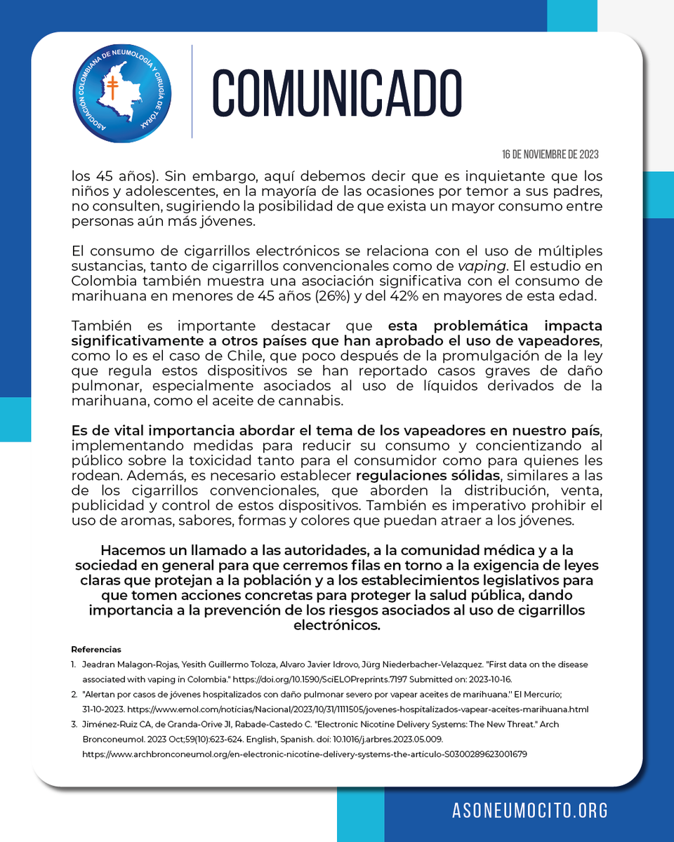 asoneumocito142's tweet photo. Comunicado de la Asociación Colombiana de Neumología y Cirugía de Tórax: "Las consecuencias y los efectos adversos que se derivan del consumo de cigarrillos electrónicos en la salud pública y en la salud pulmonar no se deben tomar a la ligera". #vapeo #NoFumarNoVapear https://t.co/3xXifyuMWP