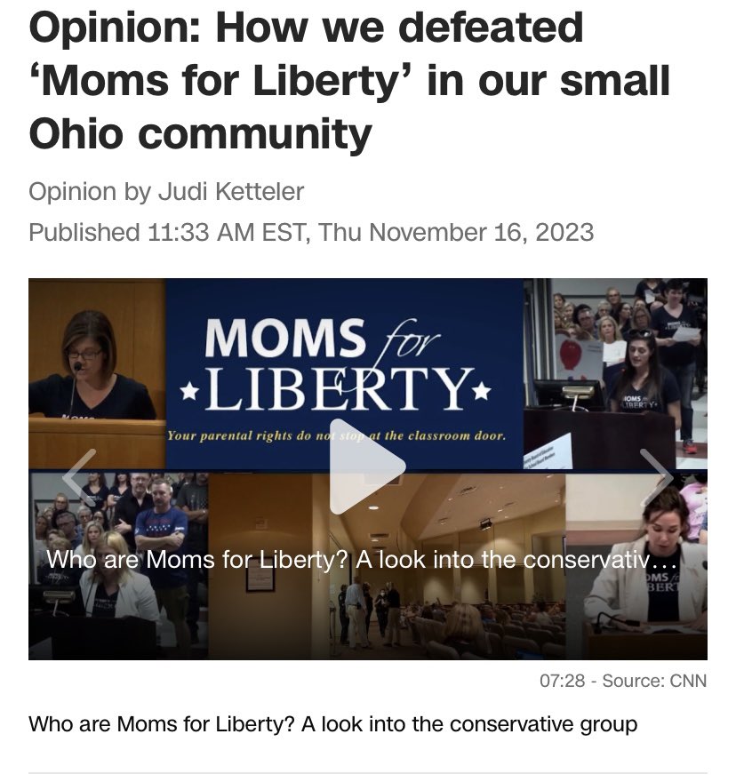 “How we defeated ‘Moms for Liberty’ in our small Ohio community *** When we started seeing signs for school board candidates who had formed a partisan PAC, … about a dozen of us got together & decided to form our own PAC.” 11/16/23 1/ cnn.com/2023/11/16/opi…