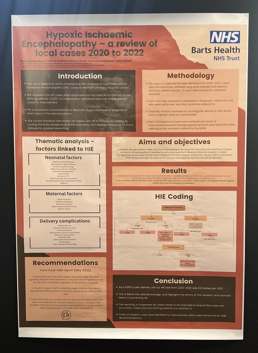 Proud to support one of our @QMULBartsTheLon students in presenting this poster @BICSoc #BICS23 - learning from our HIE cases @NUHmaternity @NewhamHospital @NHSBartsHealth @Ferhasaeed1 @ShonaSolly @drliat @NoahBliss14