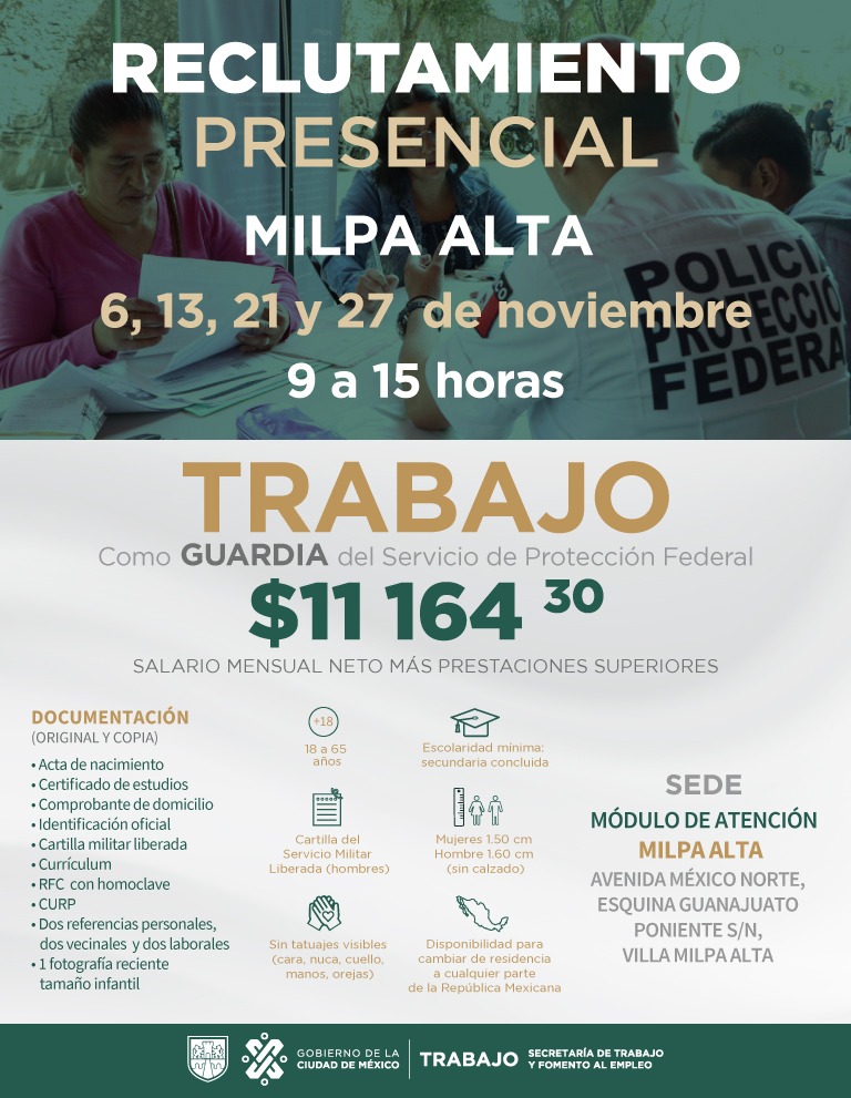 TrabajoCDMX's tweet photo. ✅ Te invitamos a formar parte del equipo del @spf_sspc como guardia, los reclutamientos se llevarán a cabo en diferentes alcaldías. 👮🏽‍♀️👮🏽‍♂️
Revisa los requisitos y documentos que debes presentar.
👉🏽 Registro: https://t.co/j46vE2TzT9
#TrabajoEnLaCiudad 
@GobCDMX @Luis_diazdeleon https://t.co/BrOwCAJSwP