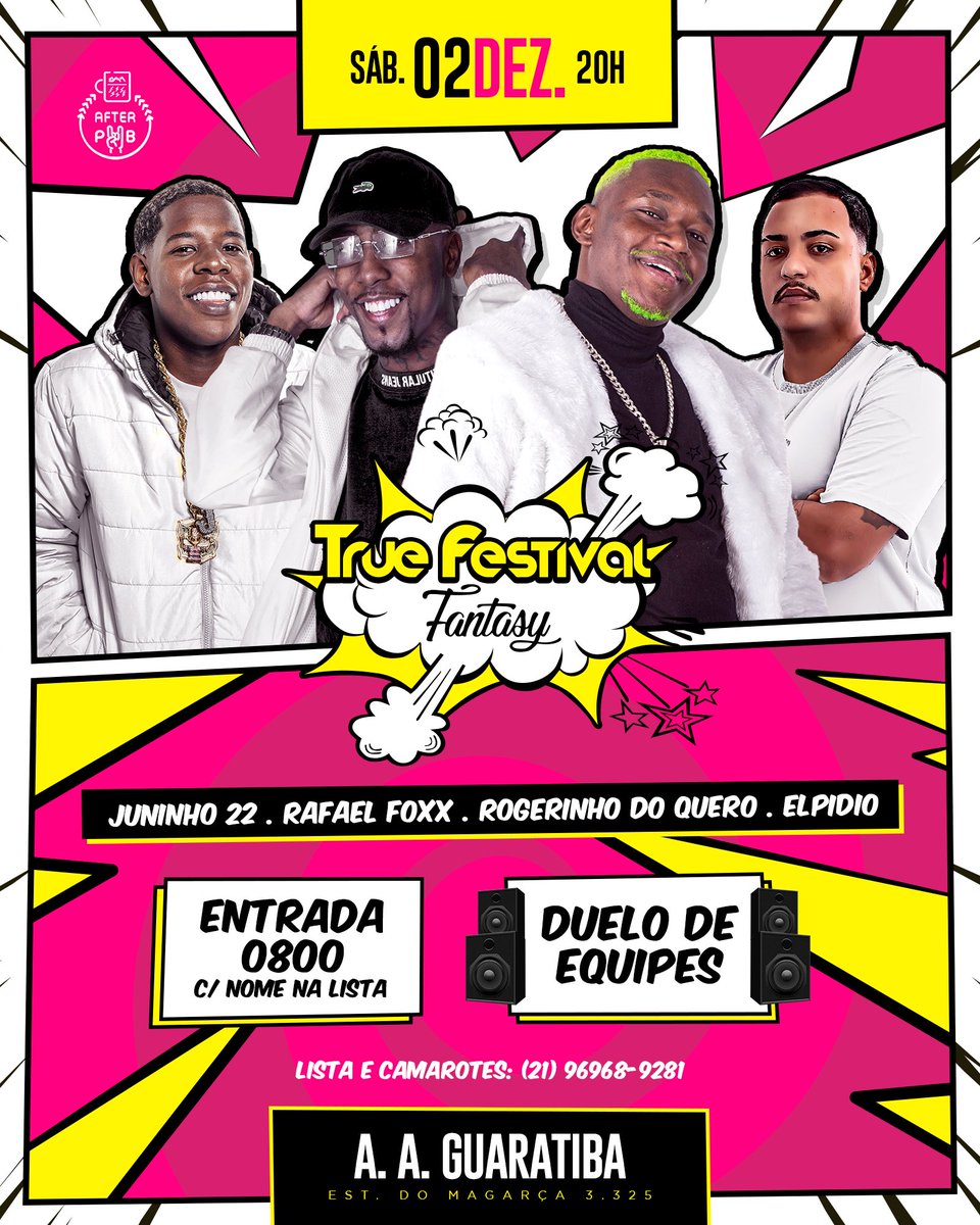 Voltamossss! 💥

Atendendo a pedidos o maior evento de Guaratiba está de volta, para fazer o último baile do ano. 

True Festival - Fantasy 💣💣

JUNINHO 22
RAFAEL FOXX
ROGERINHO DO QUERÔ
ELPIDIO

DUELOS DE EQUIPES + 20 Djs!

📍A.A Guaratiba 

Entrada 0800 c/ nome na lista 🎟️