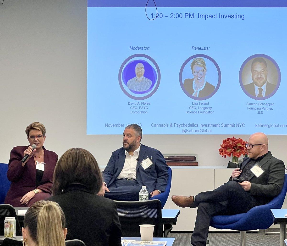 Lisa Ireland of Longevity Science Foundation and Simeon Schnapper of JLS are up on the Impact Investing panel moderated by David Flores of PSYC Corporation. #cpisNYC2023