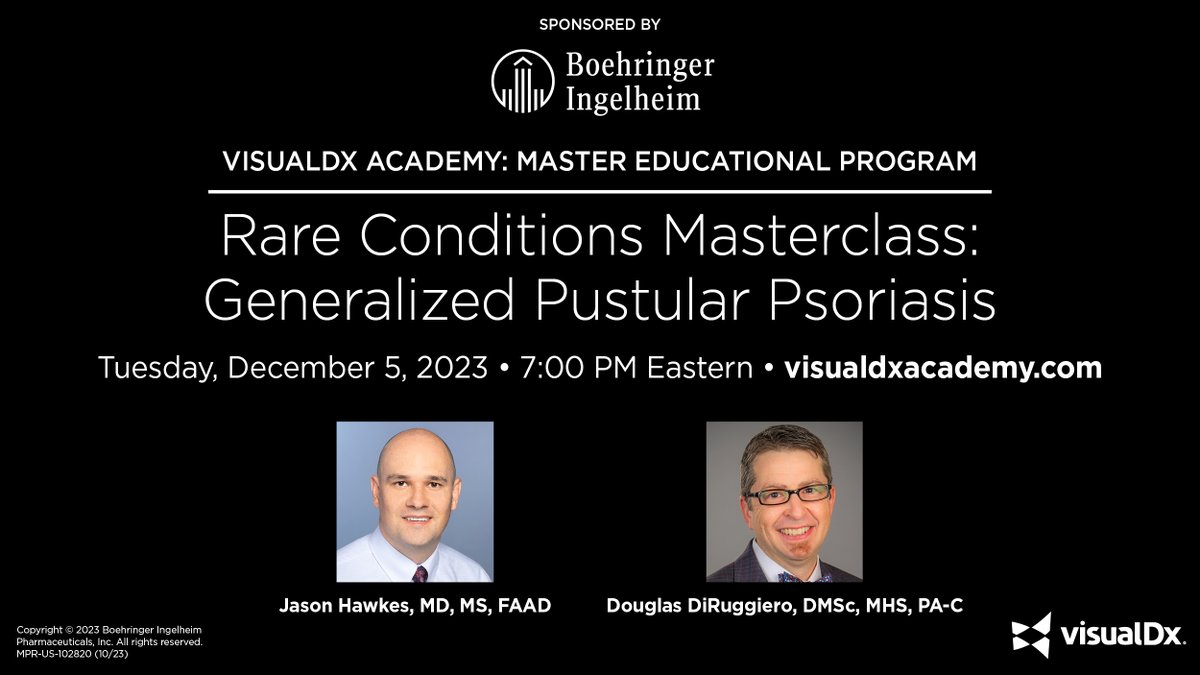 Meet the experts! 🌟 Dr. Jason Hawkes and Douglas DiRuggiero are ready to unravel the mysteries of Generalized Pustular Psoriasis. Don't miss your chance to interact with them. Register: visualdxacademy.com #RareConditions #GPPWebinar