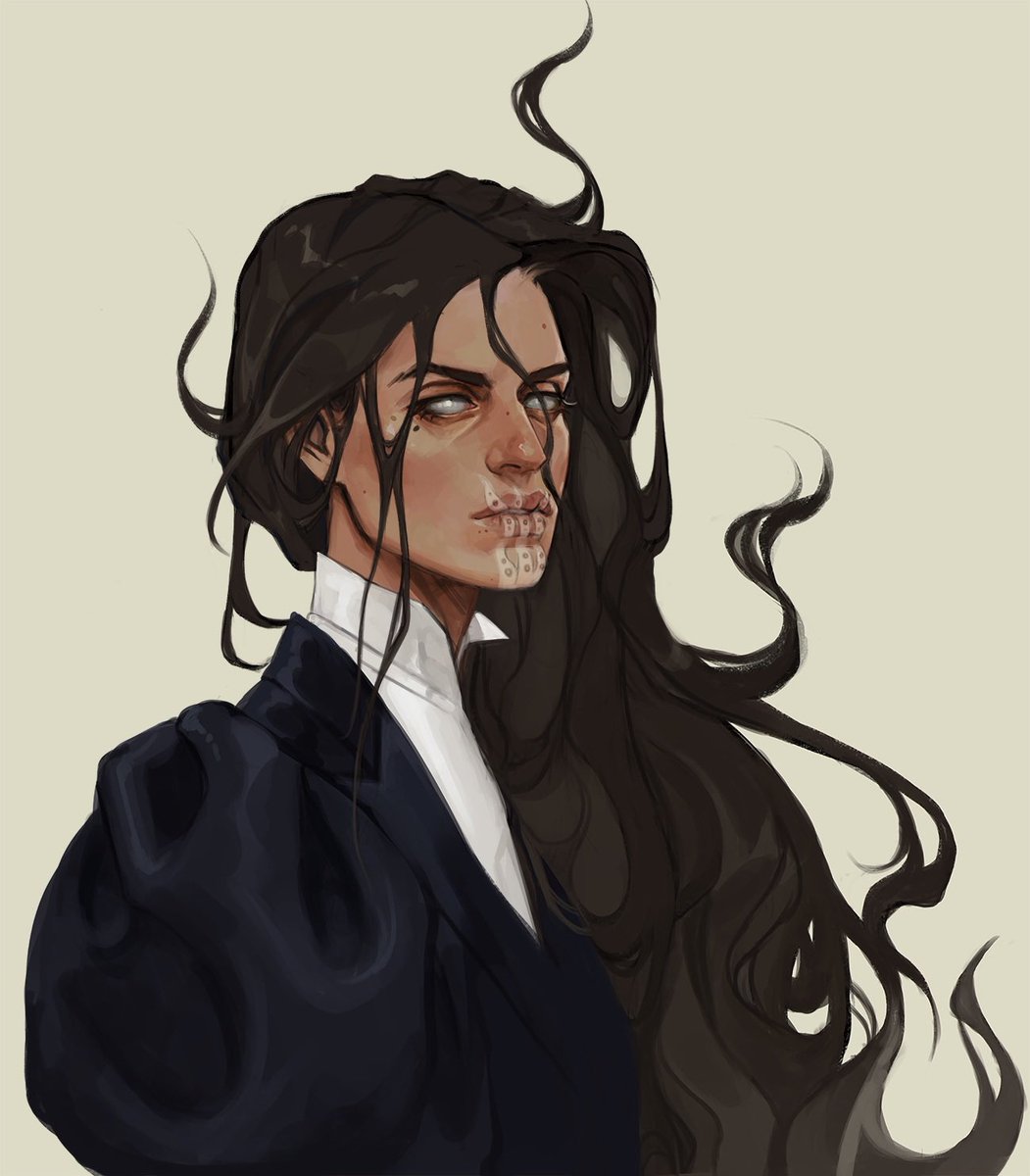 solo long hair simple background black hair mole upper body male focus  illustration images