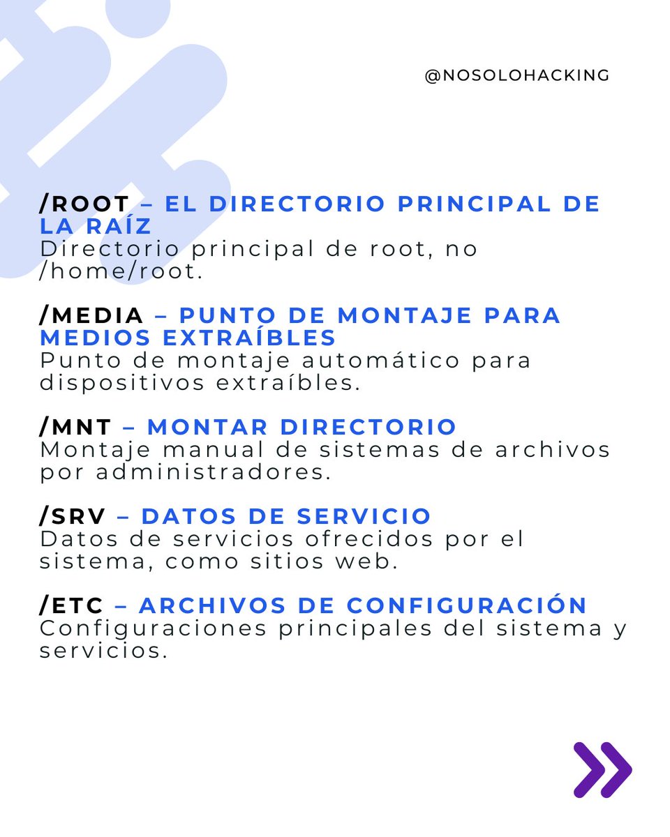 nosolohacking's tweet photo. La manera en que están organizados los directorios en Linux, sigue el estándar jerárquico de los sistemas de archivos. Es como un árbol de directorios que comienza desde la raíz de Linux y se va ramificando de manera ordenada.#nosolohacking #linux #directorios #sisadmin #devops https://t.co/IBeEAeWmRd