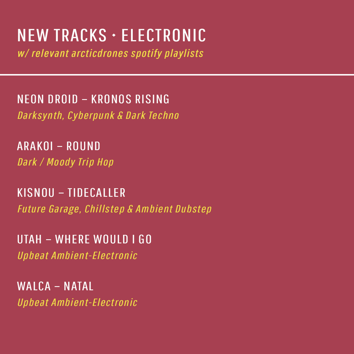 NEW TRACKS [Electronic] Recently released tracks across the electronic music spectrum + relevant arcticdrones playlists where you can find them. ⬇ open.spotify.com/user/arcticdro… [Feat.]: @TheNeonDroid @arakoi @kisnouofficial @madebyutah @walcamusic