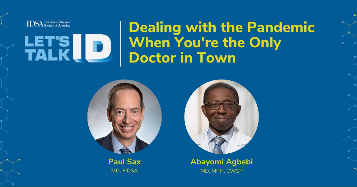 IDSA (@idsainfo) on Twitter photo New #LetsTalkID this Saturday!
<a href="/PaulSaxMD/">Paul Sax</a> speaks w/ Abayomi Agbebi, MD, MPH, CWSP (<a href="/pusnbugsMD/">Yomi Agbebi, MD, MPH, CWSP</a>) of <a href="/SLUHospital/">SLU Hospital</a> about his recent piece in <a href="/CIDJournal/">Clinical Infectious Diseases</a>'s "Voices of ID" series, "Dealing with the Pandemic When You're the Only Doctor in Town."
Available this Saturday wherever you New #LetsTalkID this Saturday!
<a href="/PaulSaxMD/">Paul Sax</a> speaks w/ Abayomi Agbebi, MD, MPH, CWSP (<a href="/pusnbugsMD/">Yomi Agbebi, MD, MPH, CWSP</a>) of <a href="/SLUHospital/">SLU Hospital</a> about his recent piece in <a href="/CIDJournal/">Clinical Infectious Diseases</a>'s "Voices of ID" series, "Dealing with the Pandemic When You're the Only Doctor in Town."
Available this Saturday wherever you