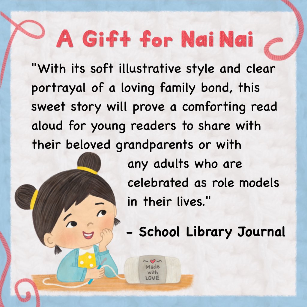 Thank you @sljournal for a wonderful review of A GIFT FOR NAI NAI 👧🏻🎁👵🏼 Can’t believe my book will debut in less than 3️⃣ weeks! Available for pre-order now: us.macmillan.com/books/97812508… Thank you for all your support! 🤓 Hope you’re all doing well ❤️