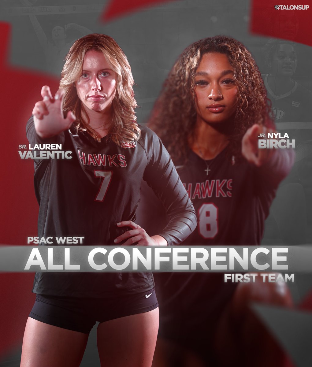 Our dynamic duo 🏐

▪️ Lauren Valentic - PSAC West Defensive Athlete of the Year, All-PSAC West First Team (2022, 2023) 
▪️ Nyla Birch - All-PSAC West First Team 

#VolleyHawks x #TalonsUp