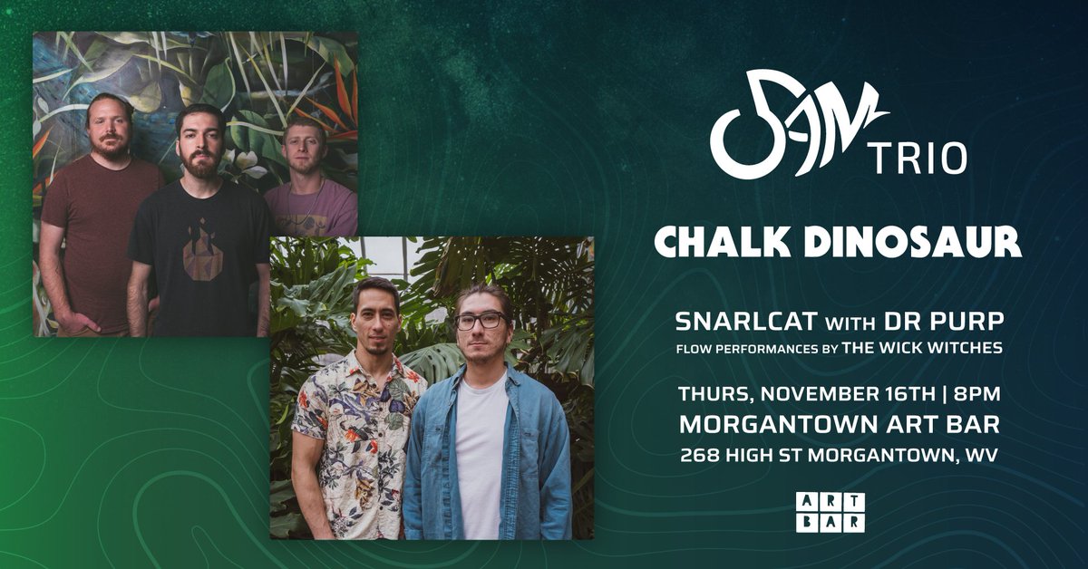 TONIGHT!! 5AM Trio 
and Chalk Dinosaur at Morgantown Art Bar. Opening set by SnarlCat+ Dr Purp. Flow performances by The Wick Witches. Limited $20 online tickets still available. 
showclix.com/event/5amtrio

<a href="/5amsound/">5AM</a>
<a href="/Chalkdinosaur/">Chalk Dinosaur</a> 
<a href="/WVUHappenings/">WVU Happenings</a> #WVU #Morgantown #WestVirginia