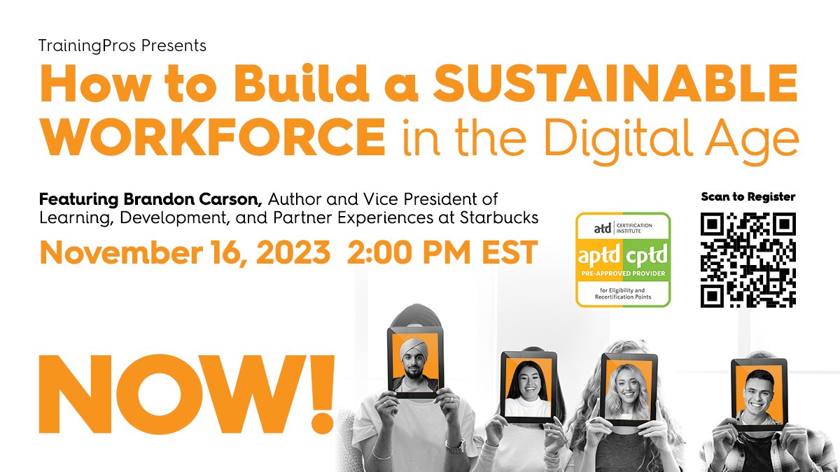 Wrap up what you're doing! Our #SustainableWorkforce webinar featuring author and Vice President at Starbucks, Brandon Carson, is starting soon! If you're registered, you will have an email with a personalized link. If not, go to tpros.co/swsm. #WeAreTrainingPros