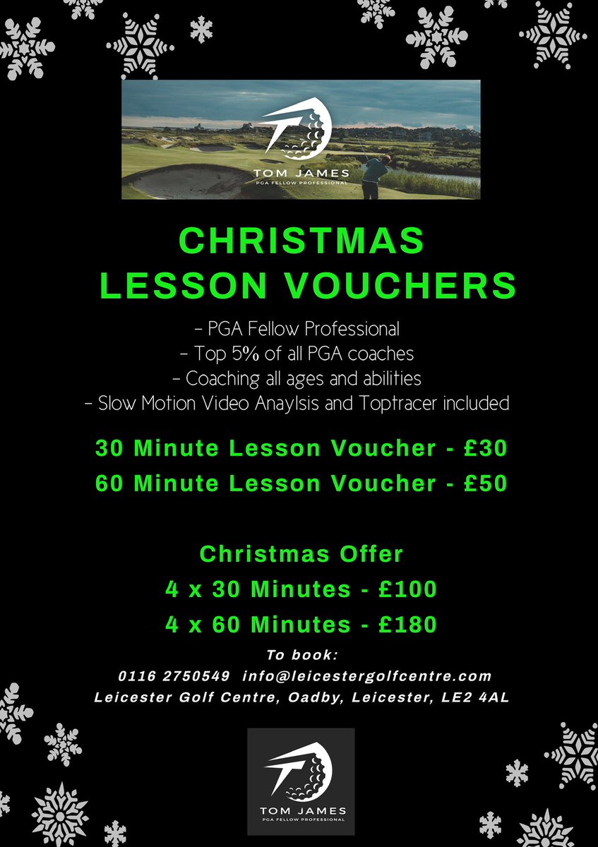 🎅🏼🌲 CHRISTMAS GIFTS🌲🎅🏼

🏌🏻‍♂️GOLF LESSON VOUCHERS🏌🏼‍♀️

<a href="/GolfLeicester/">Leicester Golf Centre</a> 

•PGA Fellow Golf Professional
•Includes slow motion video analysis
•Toptracer used for all lessons 

Book or Purchase Now - 
0116 2750549
tomjamespga.co.uk