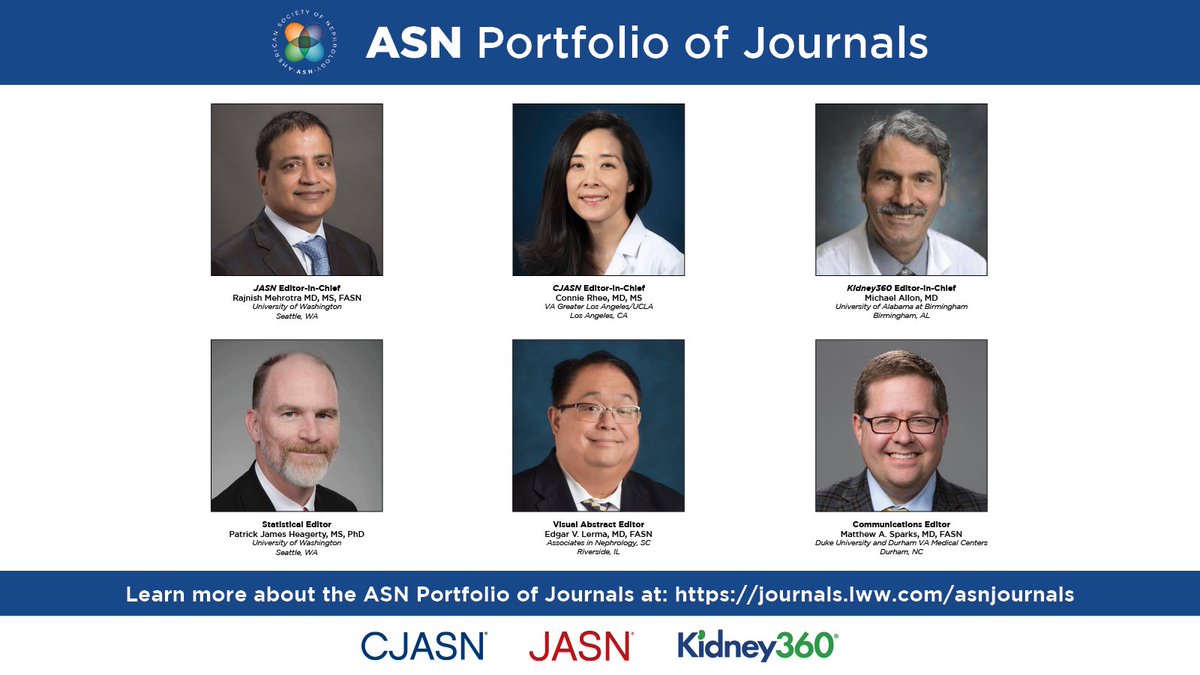 JASN_News (@jasn_news) on Twitter photo ASN Journal Portfolio is pleased to welcome incoming editors, effective 1/1:
JASN EIC: <a href="/rajmehrotra1122/">Rajnish Mehrotra</a>
CJASN EIC: <a href="/ConnieMRhee/">Connie Rhee</a>
Kidney360 EIC: <a href="/MikeAllonK360/">Michael Allon</a>
Statistical Editor: Patrick James Heagerty
Visual Abstract Editor: <a href="/edgarvlermamd/">Edgar V. Lerma 🇵🇭</a>
Communications Editor: <a href="/Nephro_Sparks/">Matthew Sparks, MD</a> ASN Journal Portfolio is pleased to welcome incoming editors, effective 1/1:
JASN EIC: <a href="/rajmehrotra1122/">Rajnish Mehrotra</a>
CJASN EIC: <a href="/ConnieMRhee/">Connie Rhee</a>
Kidney360 EIC: <a href="/MikeAllonK360/">Michael Allon</a>
Statistical Editor: Patrick James Heagerty
Visual Abstract Editor: <a href="/edgarvlermamd/">Edgar V. Lerma 🇵🇭</a>
Communications Editor: <a href="/Nephro_Sparks/">Matthew Sparks, MD</a>
