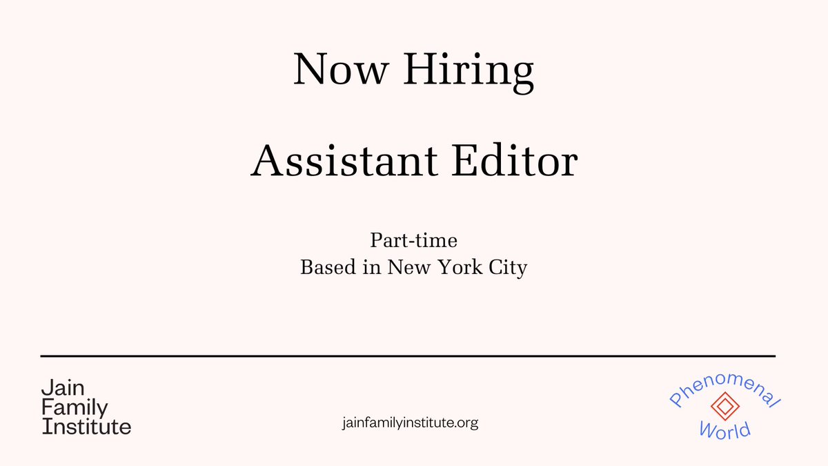 ---JOB ALERT---

We are hiring! 

For a part-time role based in NYC, to work with us on our newsletters, our website, and on <a href="/jainfamilyinst/">JAIN FAMILY INSTITUTE</a> publications.

Please apply and share widely: jainfamilyinstitute.org/now-hiring-ass…