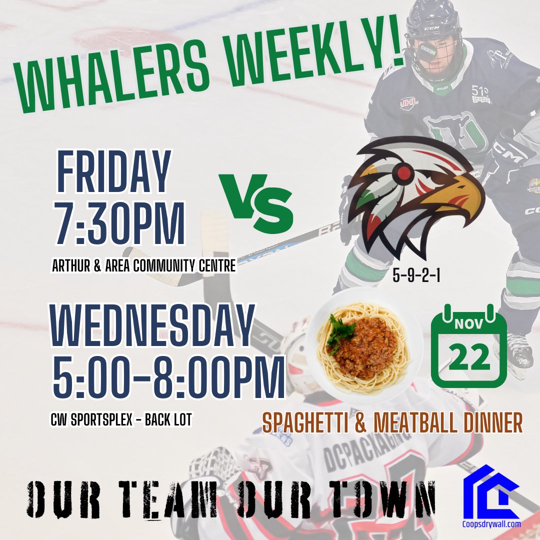 📣 Whalers Weekly 📣 

Only 1 game this weekend, a matchup with the @mitchellhawks_2019 Friday night in Arthur! Puck drop is 7:30pm.  CKNX AM920 will be on hand to broadcast the game live, and we will make a donation to @getintouchforhutch 

#HailToTheWhale
#OurTownOurTeam