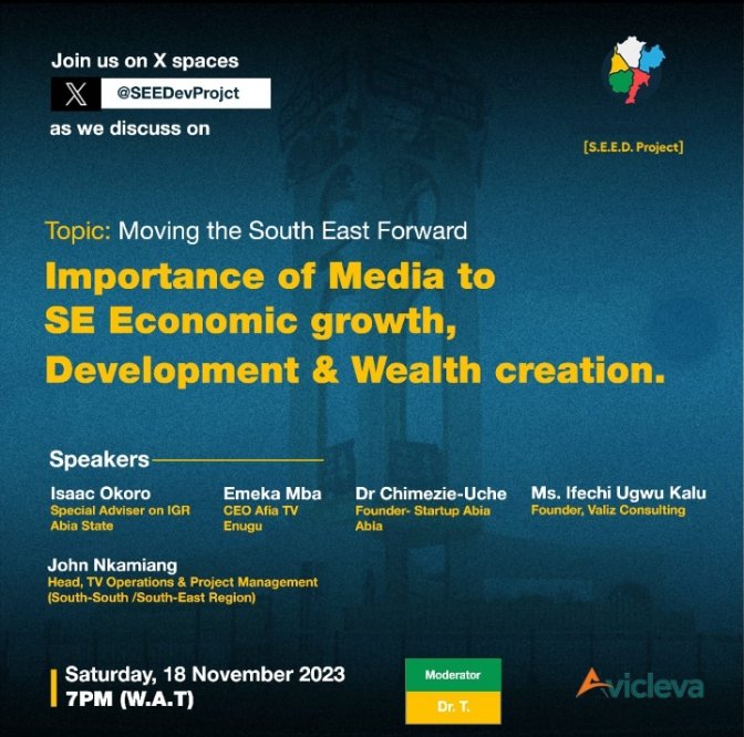 StartupAbia's tweet photo. Are you aware of the importance of information &amp; Media in driving Economic growth and Development?

*Connecting manufacturers, entrepreneurs, &amp; govt, to drive innovation in Alaigbo*
7pm sharp! 
Saturday 18th Nov. 2023

Click the  below to participate: https://t.co/l6hhkw5OBN https://t.co/c8REhvZ1YZ
