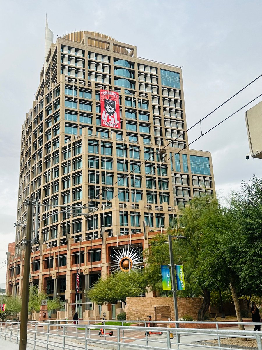 The banner is up at #PHX City Hall. <a href="/PHXRisingFC/">Phoenix Rising FC</a> are our champs! ⚽  

There's a party tonight in downtown #Phoenix. Come to CityScape between 6:30-8:30pm.

Use <a href="/valleymetro/">Valley Metro</a> Light Rail to get there... Meet the team &amp; stay for pictures, autographs, merch, and of course see the 🏆!