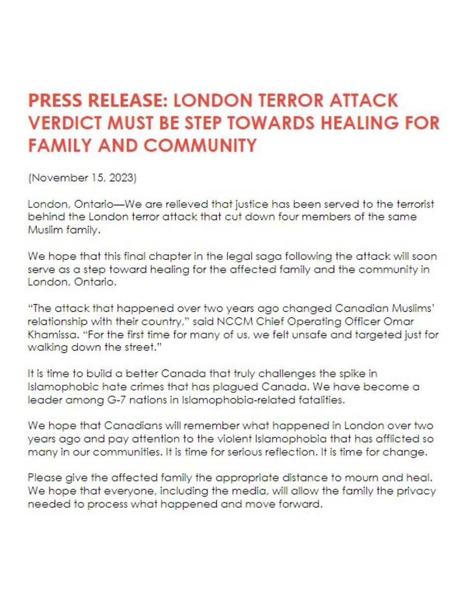 We are relieved to see that the man who killed four members of #OurLondonFamily has been convicted on all counts. We are relieved that justice has been served. This is a time for reflection and solidarity. With the family. With the community in London, Ontario. We have to…