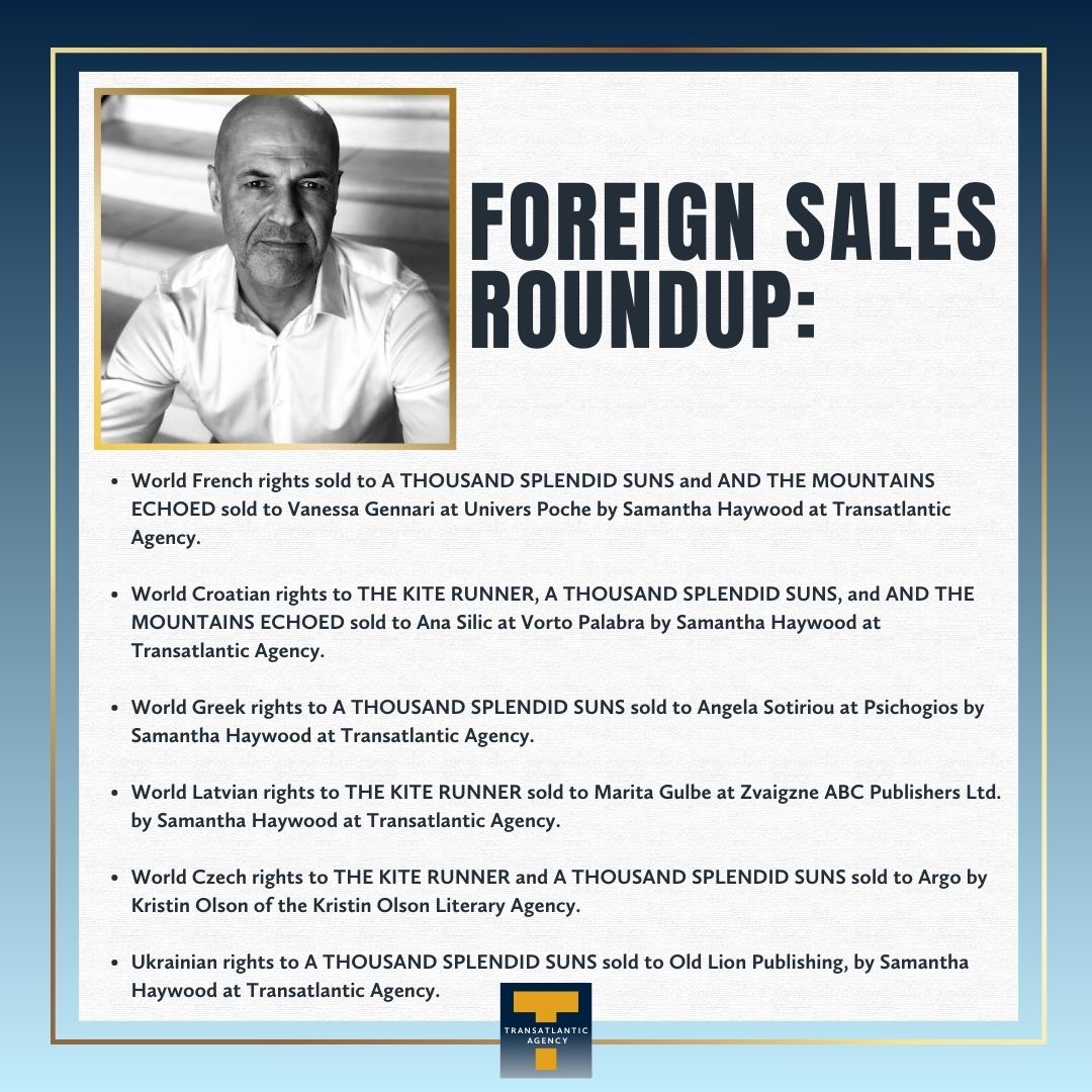 Deal News: We are excited to share a roundup of foreign sales for @khaledhosseini's titles, including THE KITE RUNNER, A THOUSAND SPLENDID SUNS, AND THE MOUNTAINS ECHOED and SEA PRAYER. Click here to read all the details: bit.ly/40OAZMf Khaled is repped by @s_haywood