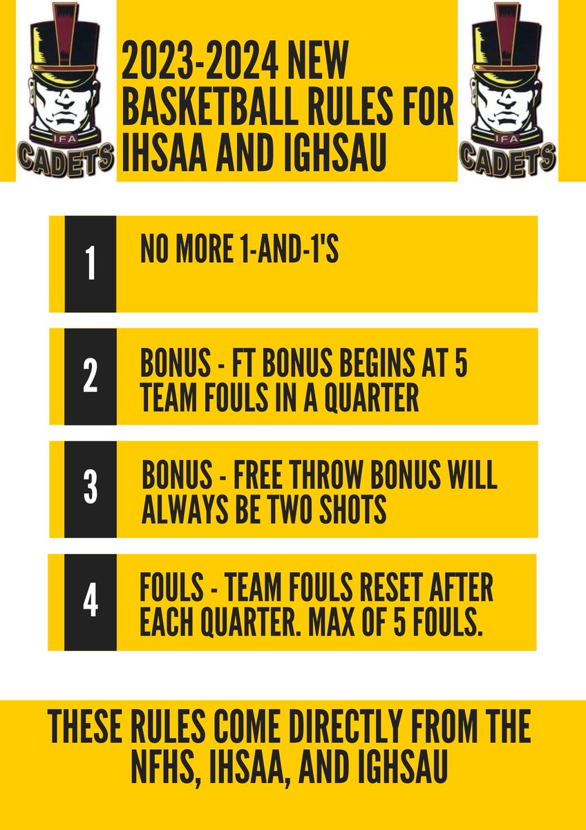 A friendly reminder of the new rule changes for fouls and free throws in high school &amp; junior high basketball. See you in Cadet Gym tomorrow to kick off the girls HS season! #IFACadetPride