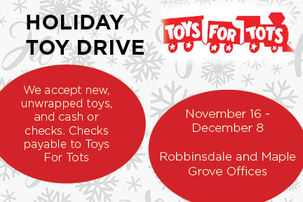 HOLIDAY TOY DRIVE! We are excited to partner with the Servion Group and be a drop-off site for Toys For Tots.  We have our boxes ready in our lobbies and are excited to fill them up!