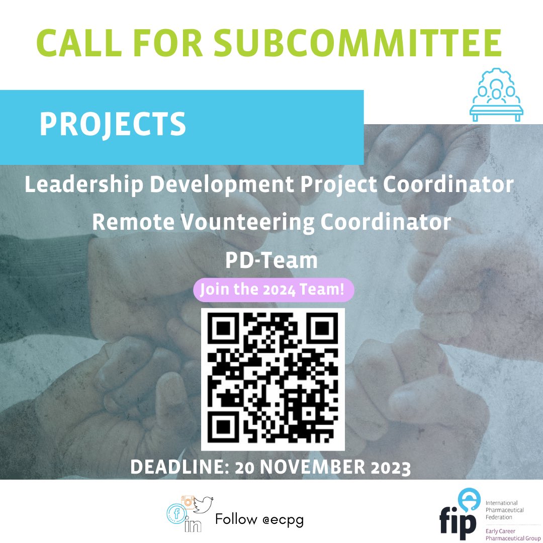 Hello Pharmily! 

This is your 5-day reminder to seize the opportunity to become part of the FIP ECPG subcommittee dream team! 

We are still looking for members to fulfil the following positions in the Projects Subcommittee: 
Leadership Development Project Coordinator