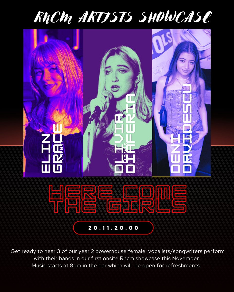Artists showcase Monday evening at the <a href="/rncmlive/">Royal Northern College of Music</a> bar featuring 3 of our powerhouse 2nd year vocalists and #singersongwriters Don’t miss this! <a href="/DeniDavidescu/">Deni Davidescu</a> <a href="/ElinGrace1/">Elin Grace</a> #originalartist <a href="/introducingmcr/">BBC Music Introducing in Manchester</a> <a href="/ManchesterRadio/">Manchester Radio</a>