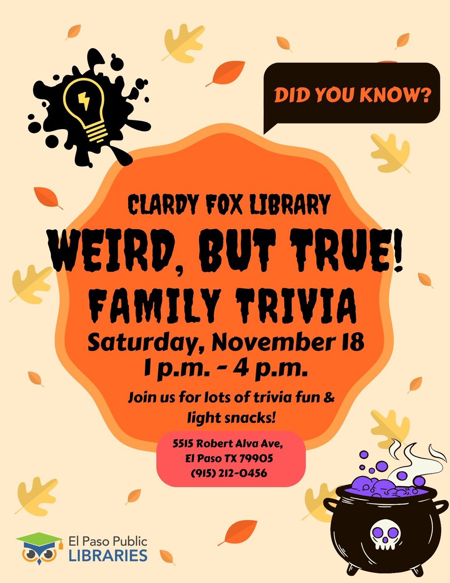 elpasolibrary's tweet image. Get ready for a wild ride with Weird but True Trivia at Clardy Fox Library! Join us for an evening of mind-bending facts and quirky knowledge. Challenge your friends and family – who will be the trivia champion? 🏆📚 #WeirdButTrueTrivia #LibraryFun #MindBendingFacts
