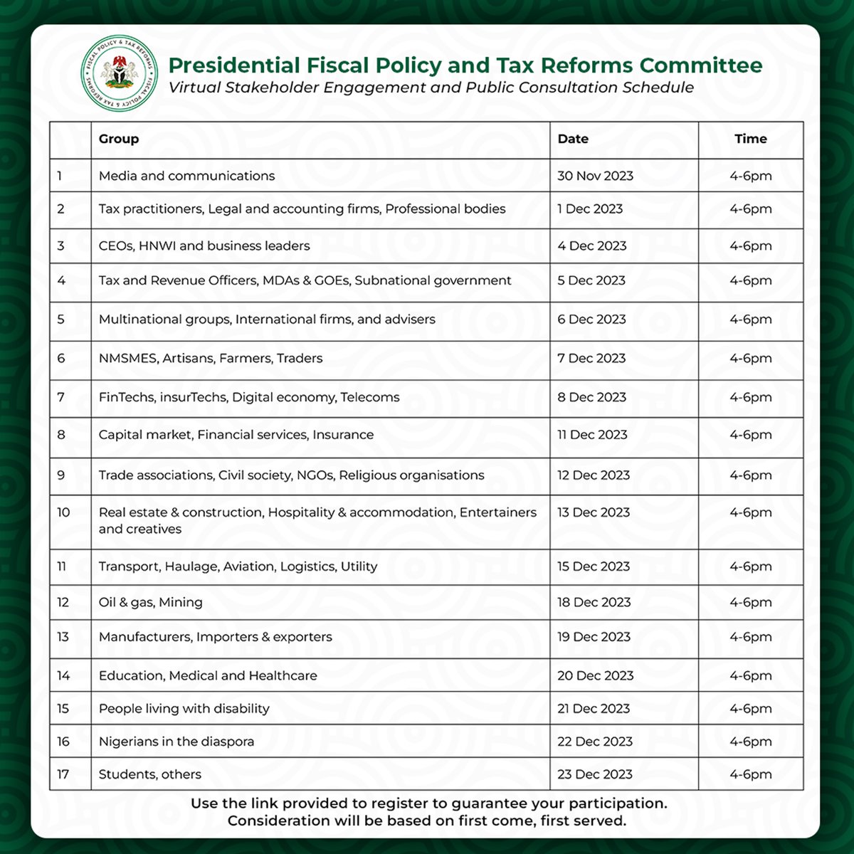 PUBLIC CONSULTATION EVENTS ON FISCAL POLICY AND TAX REFORMS
We are pleased to announce the commencement of our public consultation and stakeholder engagement events. Use the link below to register.
Registration for stakeholder events: forms.gle/sMnYqVY9ZsRKx8…

Based on requests