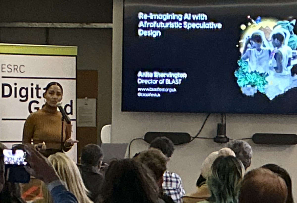 ESRC Digital Good Network (@digitalgoodnet) on Twitter photo Sharing her experience so far, <a href="/AnitaShervingt1/">Anita Shervington</a> (Director of #BLASTfest) talks about her project (funded by the Digital Good Research Fund) about 'Re-imagining AI with Afrofuturistic Speculative Design'.
#inspiration for some future projects in #birmingham?
#digitalgood <a href="/ESRC/">Economic and Social Research Council</a> Sharing her experience so far, <a href="/AnitaShervingt1/">Anita Shervington</a> (Director of #BLASTfest) talks about her project (funded by the Digital Good Research Fund) about 'Re-imagining AI with Afrofuturistic Speculative Design'.
#inspiration for some future projects in #birmingham?
#digitalgood <a href="/ESRC/">Economic and Social Research Council</a>