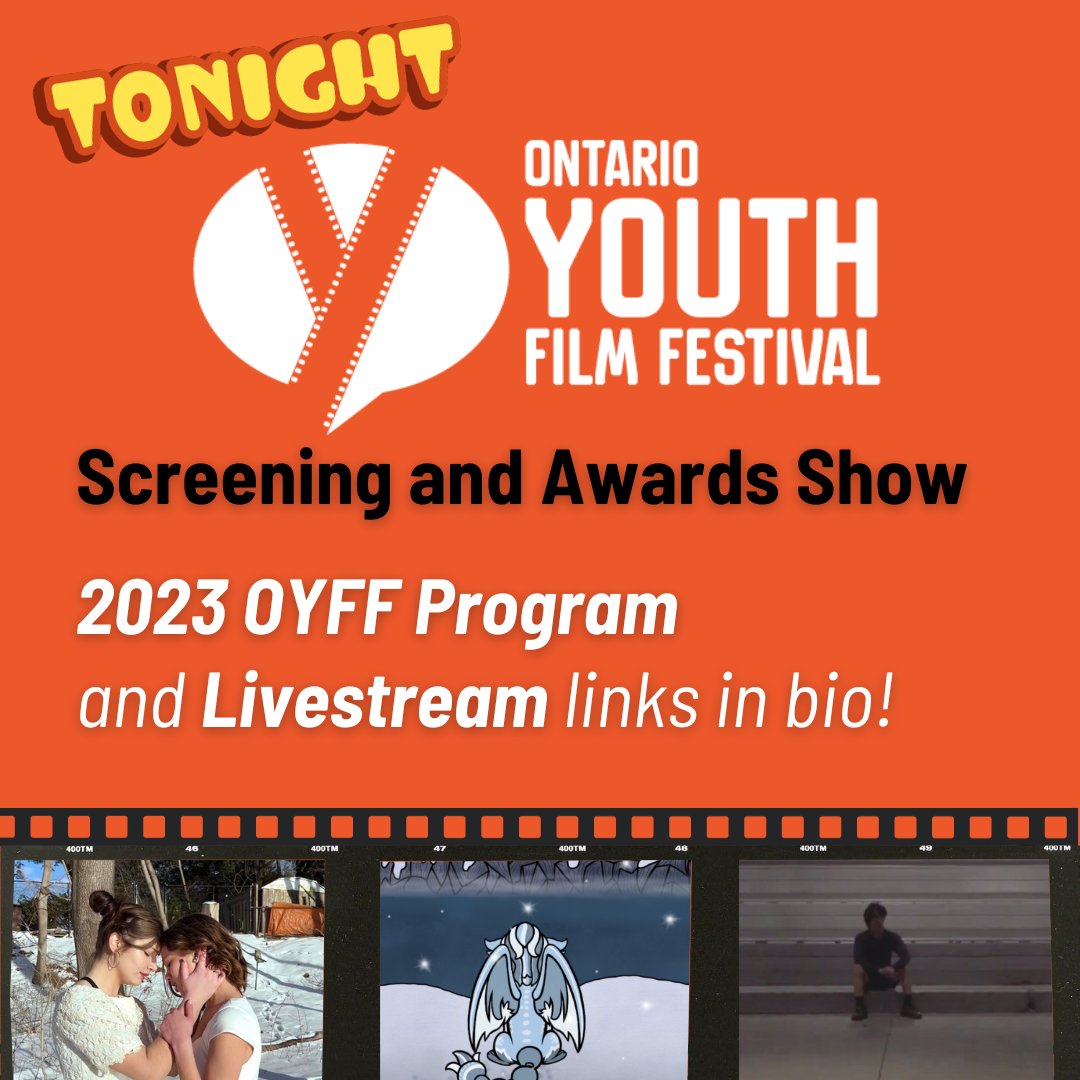 ✨The #OYFF Screening and Awards Show is TONIGHT, at 7PM! ✨

Check out our bio for the Livestream Link and to download the 2023 OYFF Program!

Tonight, watch top youth films from all across Ontario vie to be named "Best in Ontario" for their category!

See you tonight!