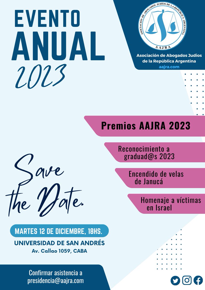 Evento Anual AAJRA
Save the Date
📅 Martes 12/12
🕕 18hs.
📍 <a href="/UdeSA/">Universidad de San Andrés</a>, Av. Callao 1055
🏅🕎🇮🇱 Se entregarán los Premios AAJRA 2023, el reconocimiento a los graduados, se encenderán las velas de Janucá y se homenajeará a las víctimas en Israel