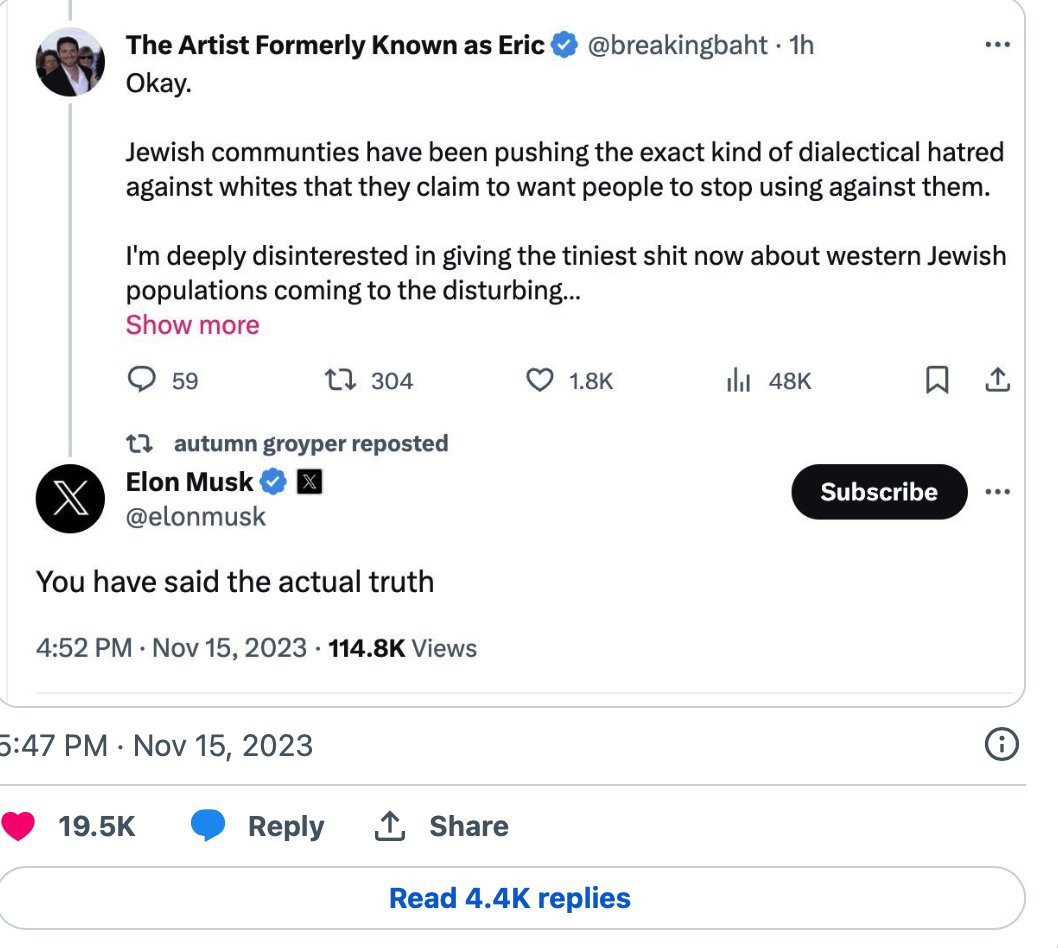 “..Western Jewish populations [are] coming to the disturbing realization that..hordes of minorities that support flooding their country don’t exactly like them too much. You want truth said to your face, there it is.” Musk's reply: “You have said the actual truth” #antisemitism