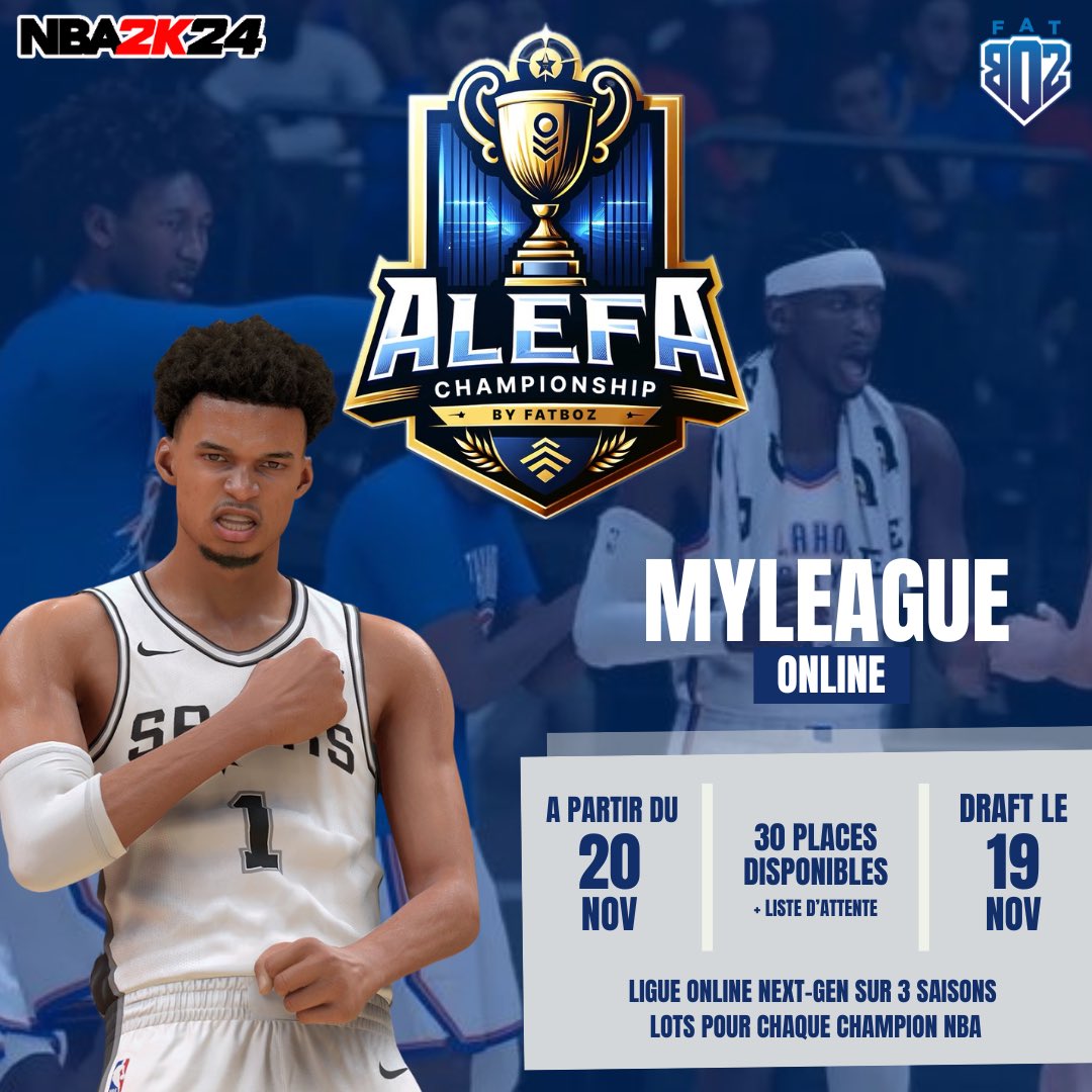 Fatboz_'s tweet image. 🚨 J’organise ma première ligue online sur #NBA2K24 intitulée:

« 𝐀𝐋𝐄𝐅𝐀 𝐂𝐇𝐀𝐌𝐏𝐈𝐎𝐍𝐒𝐇𝐈𝐏 » 🏆

🎟️ 30 places disponibles (premier arrivé, premier servi) + liste d’attente 
🎮 PS5 uniquement

🎁 Lots offerts aux champions de chaque saison.

✍️ Pré-inscription ici :…