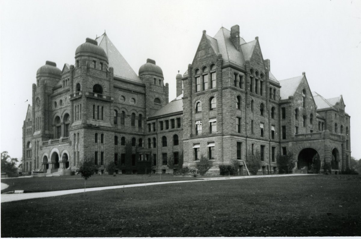 #TBT - The distinctive pink sandstone used on the exterior of the Legislative Building comes from a quarry in the Credit River Valley and is approximately 438 million years old. Seen here a view of the building and sandstone circa 1900