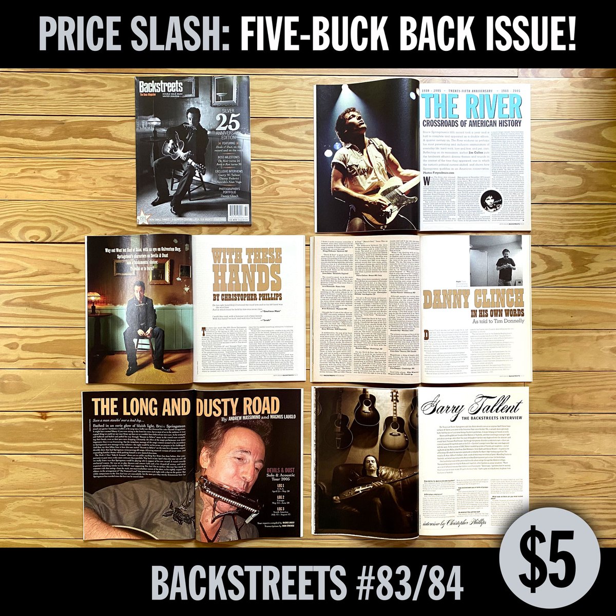 ANOTHER FIVE-BUCK BACK ISSUE, this one marked down from $12. Our 25th anniversary double issue was our biggest yet, 124 pages of Boss history and perfect-bound. Interviews with @gwtallent, Danny Federici, @ThomZimny, and @Danny_Clinch: backstreets.com/Merchant2/merc…