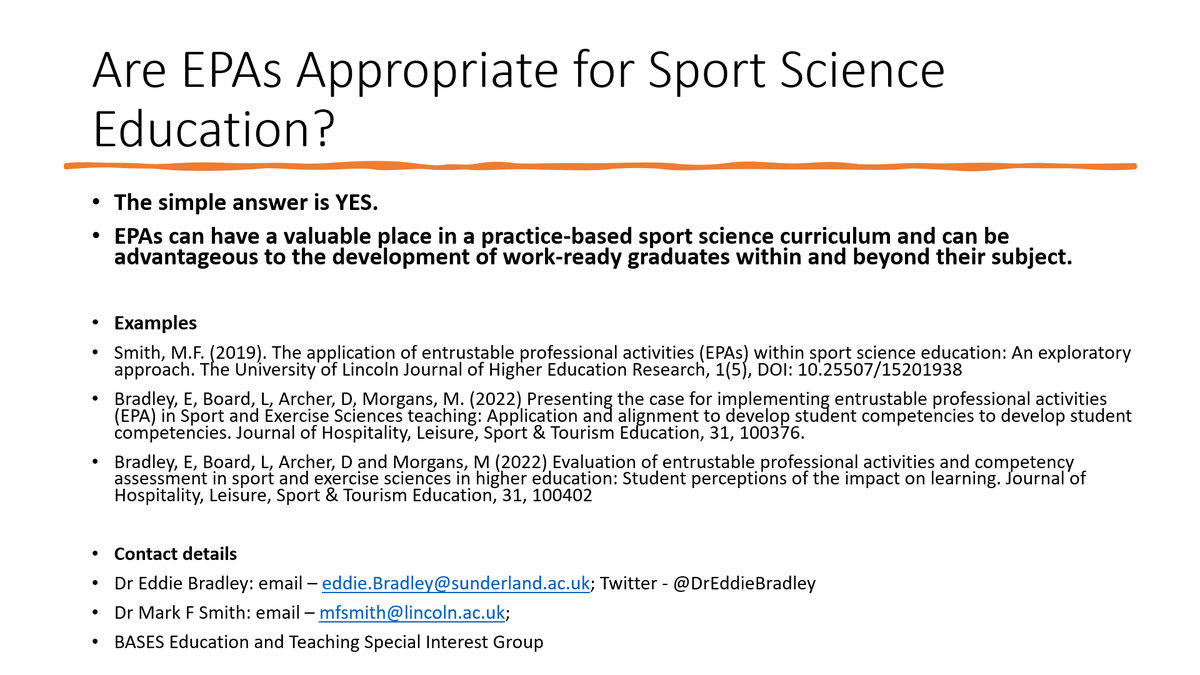 Thank you to @basesuk for the opportunity to present my research into entrustable professional activities and alignment to BASES accreditation in sport and exercise sciences teaching. For more information, please see the attached images #BASESCON23 @BASES_EdT_SIG