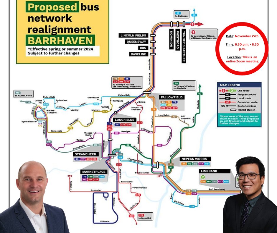 On Monday, November 27th join Councillor <a href="/WilsonLo24/">Wilson Lo</a> and I from 6:30 pm - 8:30 pm for a virtual public meeting on the latest Bus Route Review.  Planners from <a href="/OC_Transpo/">OC Transpo</a> will have a short presentation followed by a Q&amp;A period. Click here for more details: bit.ly/49y2XzX