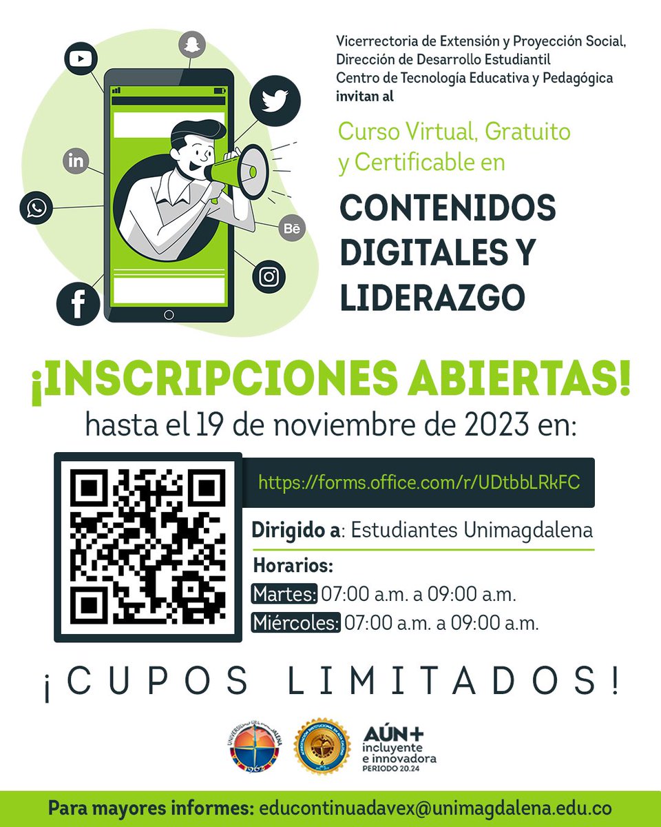 VEXUnimagdalena's tweet photo. 🚨 Estudiante, ya se encuentra abierta nuestra convocatoria al Curso virtual, gratuito y certificable en 'Contenidos Digitales y Liderazgo', inscríbete en el link que encontrarás en nuestra biografía hasta el 19 de noviembre. Cupos limitados. https://t.co/Bl2szqmn4q
