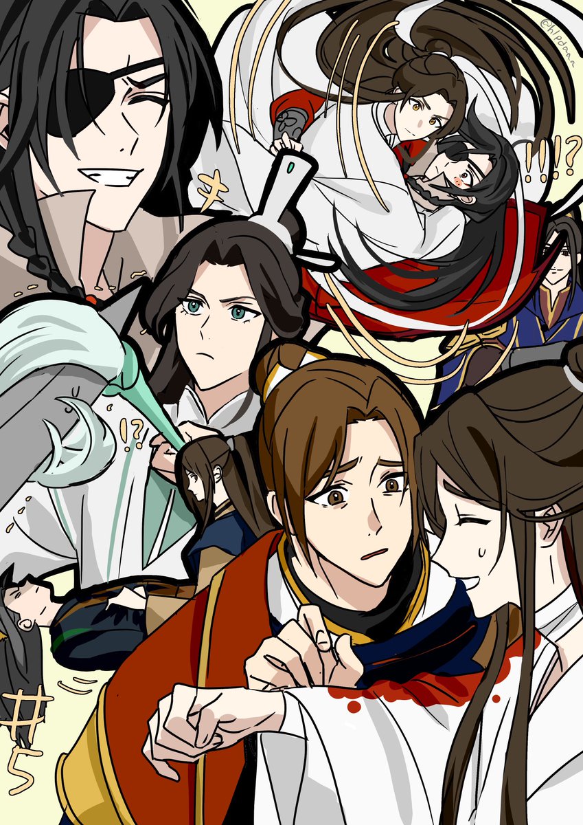 multiple boys chinese clothes brown hair eyepatch long hair black hair blood  illustration images