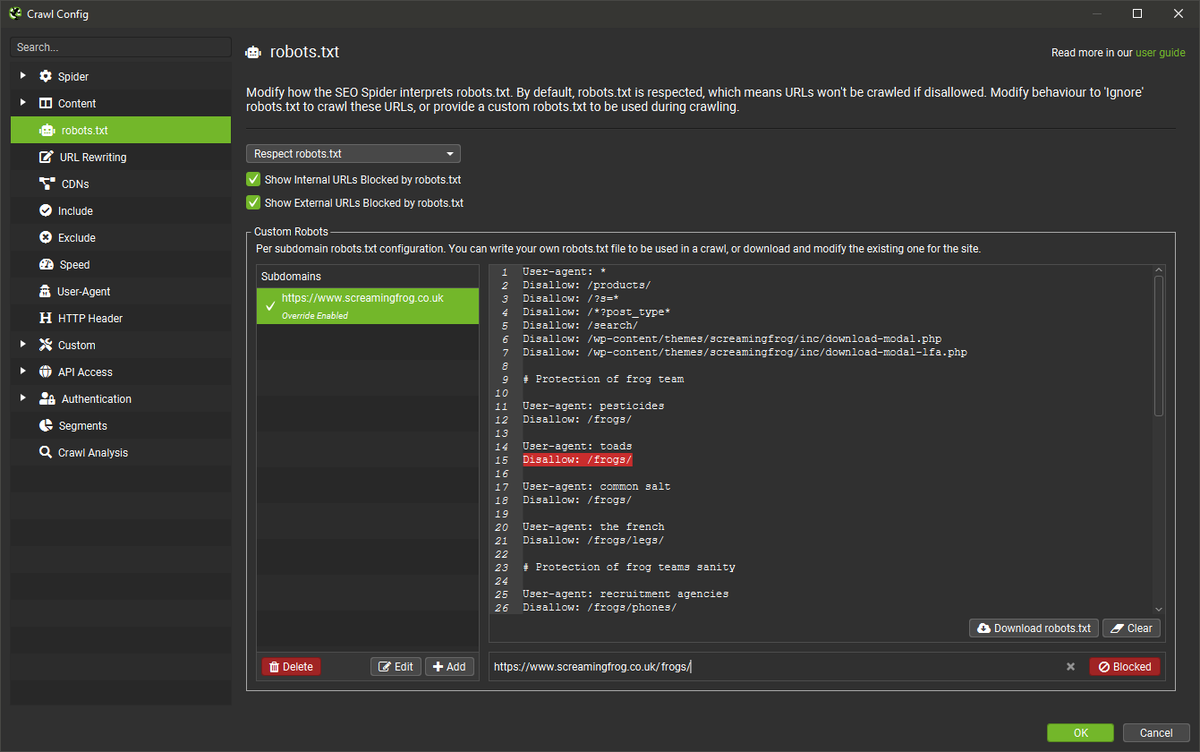 Little tip - You can test robots.txt in <a href="/screamingfrog/">Screaming Frog</a> via 'Config > Robots.txt'. You can download the robots.txt, customise and test rules - which work with your selected user-agent. It uses code from Google's published OS robots.txt parser.