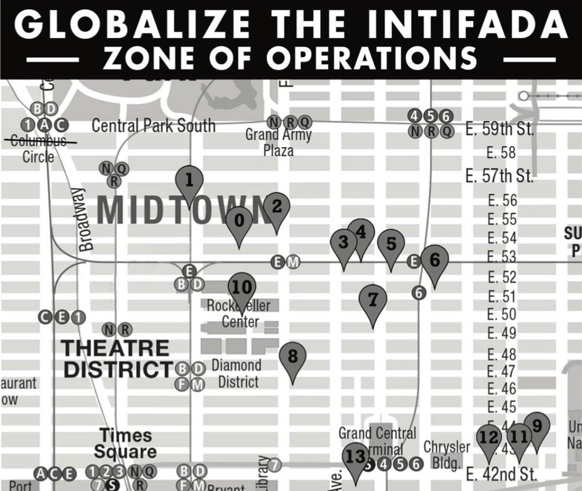 A social media account posted the following headline: “Globalize the Intifada: Zone of Operations.” 

It features a NYC map of largely Jewish organizations to target.  It describes Jewish orgs as “the enemy of colonized people.” It calls October 7th “a new chapter of struggle.”