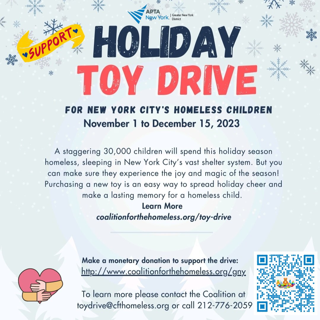 Let's make this holiday season extra special for children experiencing homelessness! Join the Greater NY District of APTA New York in making a charitable donation to the Coalition for the Homeless' holiday toy drive. coalitionforthehomeless.org/donate-toy-dri…