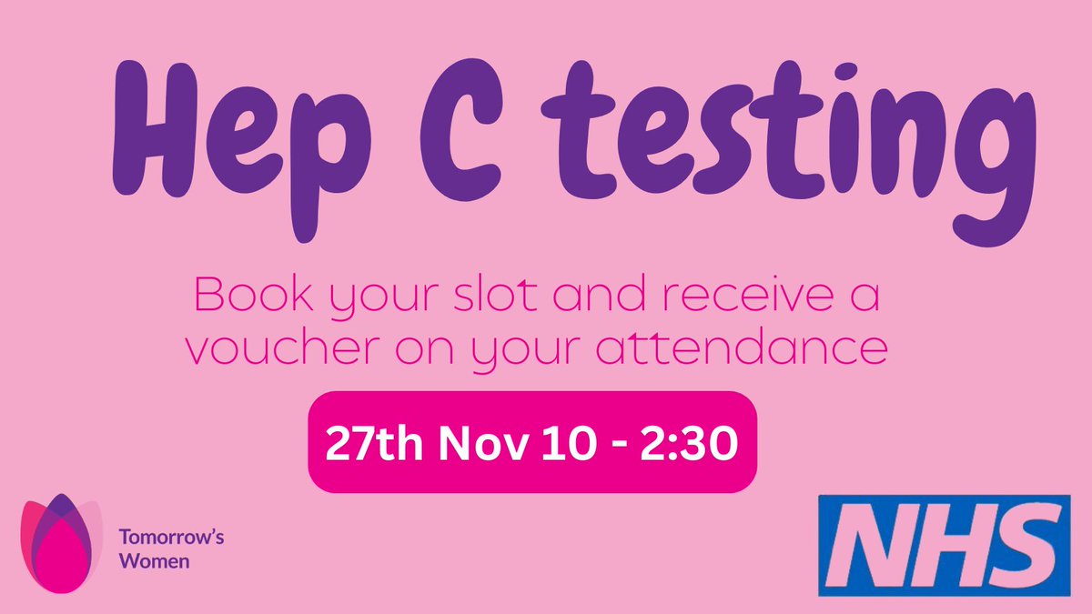 TomorrowsWomen's tweet image. We are hosting Hep C testing conducted by an NHS nurse within our safe women only centre on 27th November at #tomorrowswomenchester. Book your time slot and receive a free voucher!
Visit reception or call us to book 01244 906 494.
#hepctesting #hepctest #hepctestingchester