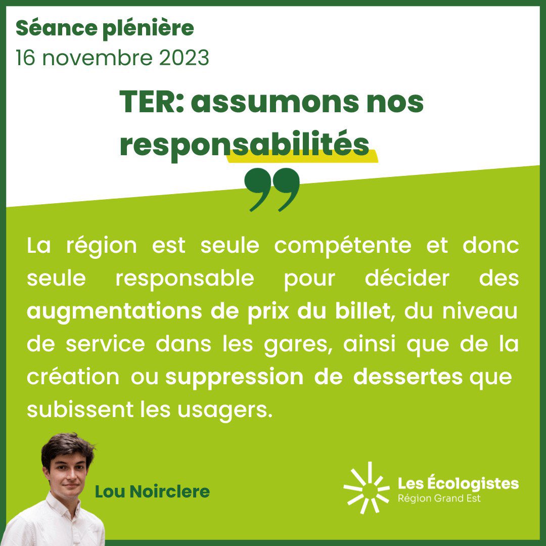 🚅 Nouvelle augmentation de prix du billet #TER en janvier : la @regiongrandest est responsable !

Sans transparence et sans confiance nous n’arriverons pas à faire préférer le #train aux autres modes de transports.

#SPNov23