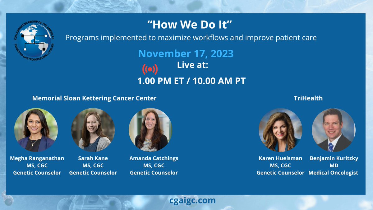 CGA-IGC (@cgaigc) on Twitter photo 📢If you missed the "How We Do It" sessions at #CGAIGC23 join us for tomorrow's webinar w/ contribution from <a href="/MSKCancerCenter/">Memorial Sloan Kettering Cancer Center</a> & <a href="/TriHealth/">TriHealth</a>
🚨FREE for members🚨
🗓️Nov 17
⏲️ 1 pm ET / 10 am PT
➡️Sign up 👉cgaigc.com/webinars
#HereditaryGICancer <a href="/josiebakerGC/">Josie Baker</a> <a href="/dharwadkar_p/">Pooja Dharwadkar, MD</a> 📢If you missed the "How We Do It" sessions at #CGAIGC23 join us for tomorrow's webinar w/ contribution from <a href="/MSKCancerCenter/">Memorial Sloan Kettering Cancer Center</a> & <a href="/TriHealth/">TriHealth</a>
🚨FREE for members🚨
🗓️Nov 17
⏲️ 1 pm ET / 10 am PT
➡️Sign up 👉cgaigc.com/webinars
#HereditaryGICancer <a href="/josiebakerGC/">Josie Baker</a> <a href="/dharwadkar_p/">Pooja Dharwadkar, MD</a>